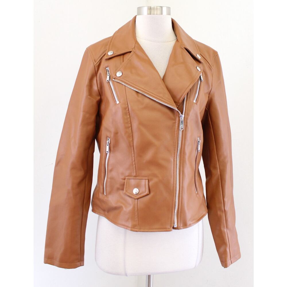 Sam Edelman Caramel Brown Faux Leather Vegan Moto Jacket Size M Zip Front